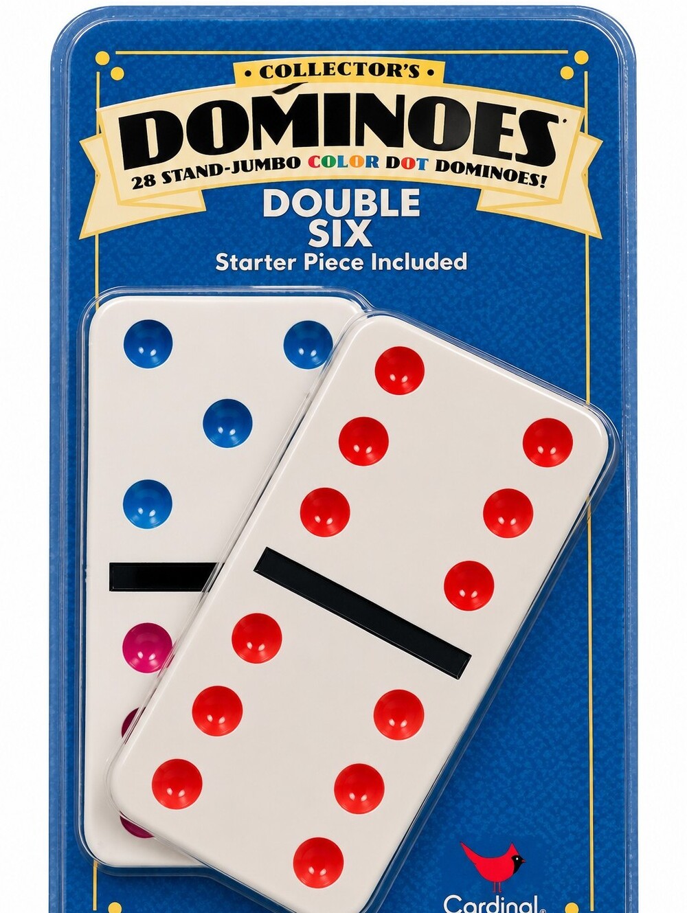 Collector's Double Six Dominoes Set - White Tiles with Red & Blue Dots